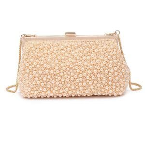 Samira Beaded Evening Bag | Champagne with Gold Hardware & Chain Strap